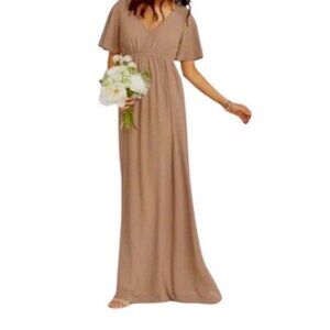 Show Me Your Mumu Emily Flutter Sleeve V-Neck Mocha Chiffon Maxi Dress Size XS